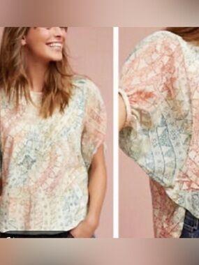 Anthropologie eri + Ali Mint, Coral & Teal Printed Peasant Blouse